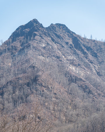 view of bare mountain peaks from belowの写真素材