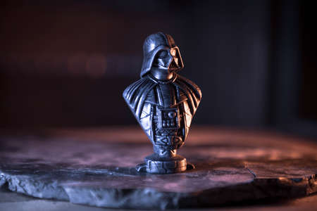 Darth Vader bust from the popular Star Wars film. 3D printed statue in dramatic dark lightning.のeditorial素材