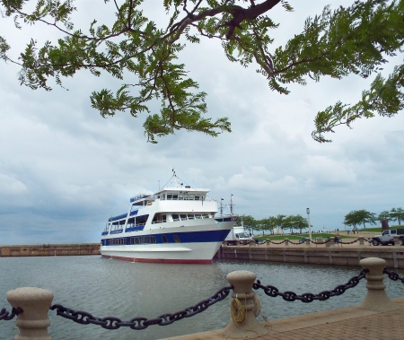 Excursion ship is ready to carry new passengers to water-based sites seen  のeditorial素材