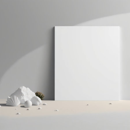 Background for product presentation, distant shore and a blanket of shells, AI generationの素材