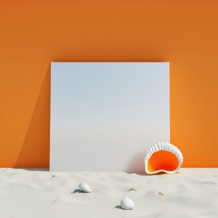 Background for product presentation, sunlit beach and orange seashells AI generationの素材