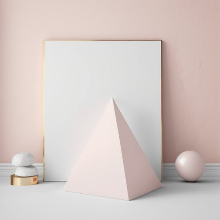 Background for product presentation, creamy pink pyramid with geometric shapes built from quartzite AI generationの素材