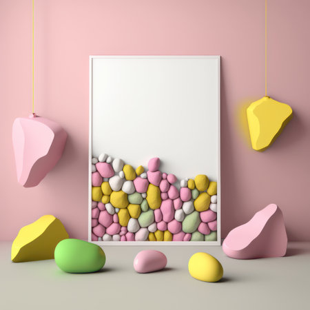 Background for product presentation, pink rainbows and green spirals, yellow rocks and pink stones AI generationの素材