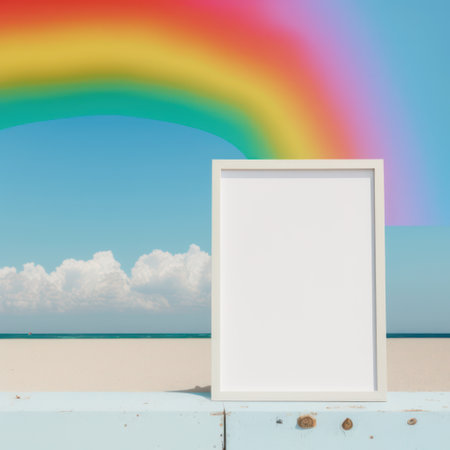 Background for product presentation, rainbow-colored sky above a beach AI generationの素材