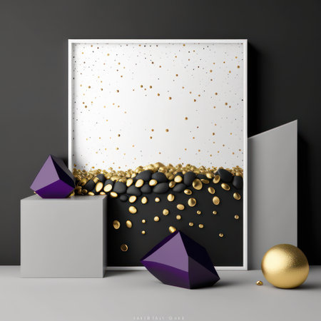 Background for product presentation, purple raindrops and gold moons, white pebbles and black cubes AI generationの素材