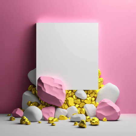Background for product presentation, glittering lights and dark shadows, yellow rocks and pink stones AI generationの素材