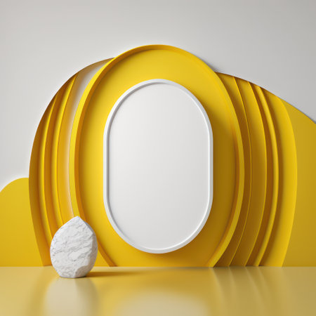Background for product presentation, glossy yellow oval with wavy lines made of granite AI generationの素材