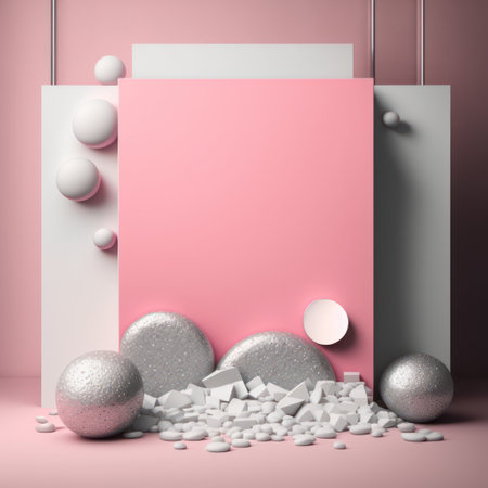 Background for product presentation, glowing moons and silver lightning, pink pebbles and silver cubes AI generationの素材