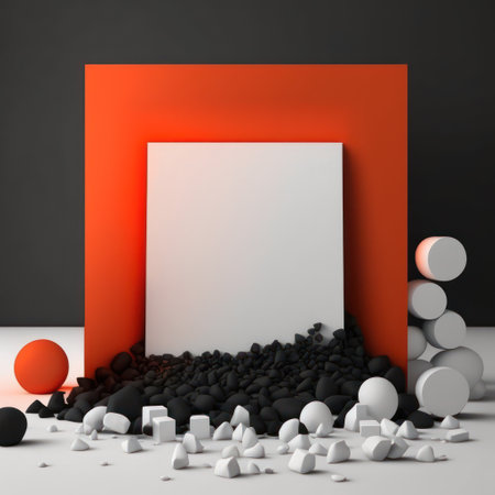 Background for product presentation, red flames and orange fog, white pebbles and black cubes AI generationの素材