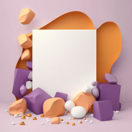 Background for product presentation, orange clouds and purple swirls, green pebbles and purple cubes AI generationの素材