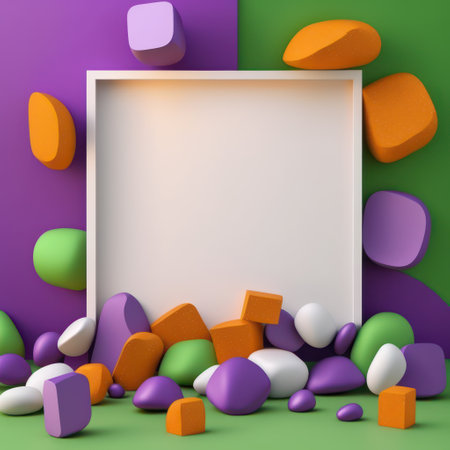Background for product presentation, orange lightning and purple rainbows, green pebbles and purple cubes AI generationの素材