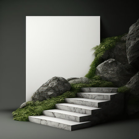 Background for product presentation, curved stone steps and velvet moss, AI generationの素材