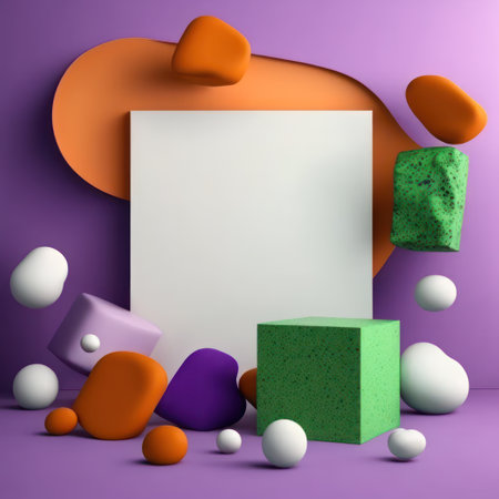 Background for product presentation, orange clouds and purple swirls, green pebbles and purple cubes AI generationの素材