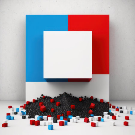 Abstract modern background, white dust and black diamonds, blue crystals and red cubes AI generationの素材