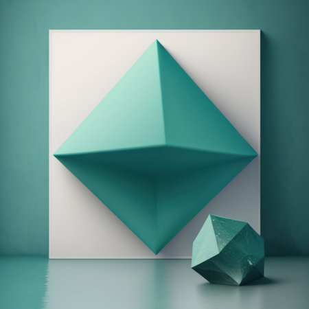 Background for product presentation, large, blue-green octahedron, with a symmetrical shape. AI generationの素材