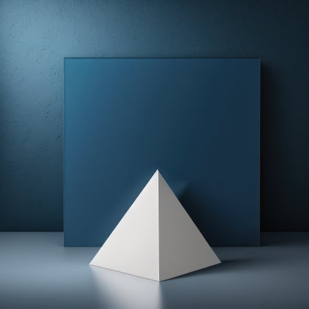 Background for product presentation, dark blue pyramid, with a triangular base. AI generationの素材