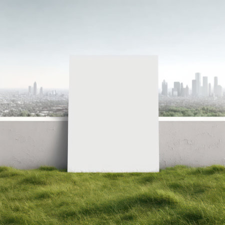 Background for product presentation, grassy hillside overlooking a city skyline AI generationの素材