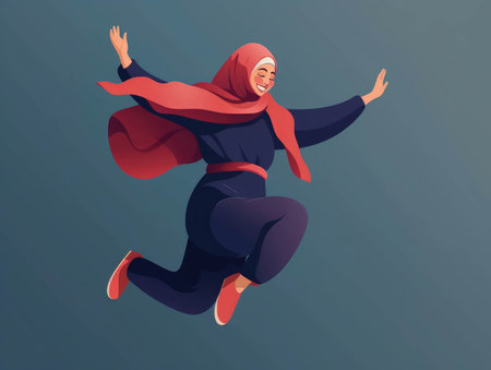 A cheerful Muslimah woman in hijab jumps with glee her comfort in her courses and hijab.. AI generationの素材