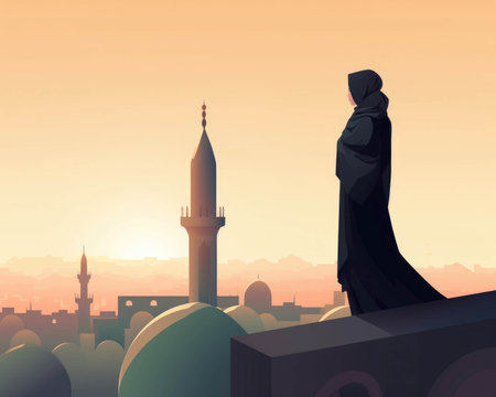 A cultured Muslim woman in hijab stands atop the minaret of a masjid in Iran overlooking the city.. AI generationの素材