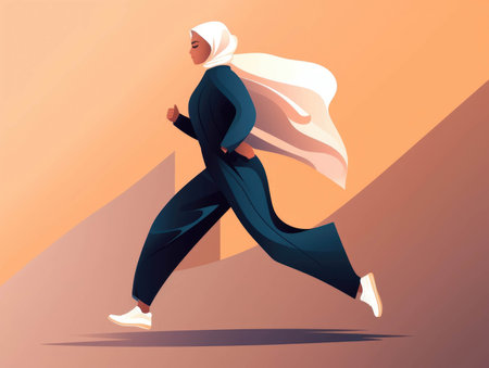 A strong successful Muslimah woman in hijab confidently strides forward courses leading to a successful future.. AI generationの素材