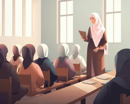 A Muslim woman in hijab leading a lesson to her pupils in a clroom full of eager students.. AI generationの素材