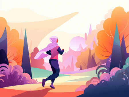 A lively Muslim woman in hijab jogs through the park her bright hijab flickering in the sun and her determination carrying her through. AI generationの素材