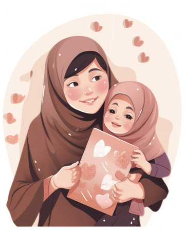 A happy and casual mother in her hijab sending a message of love to her children.. AI generationの素材