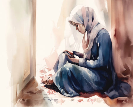 A content Muslim woman in hijab sits on the floor of her home scrolling through her phone.. AI generationの素材