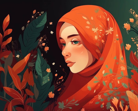 A devoted Muslim daughter wearing an ornate hijab confidently embodying her cultural heritage.. AI generationの素材