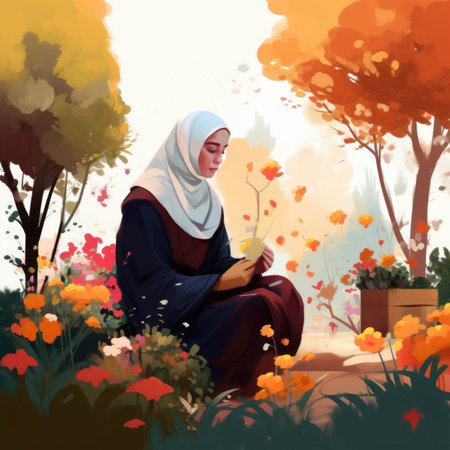 Gardening in her hijab she rejoices in the sight of blossoms of many colors while taking a brief respite from her work.. AI generationの素材