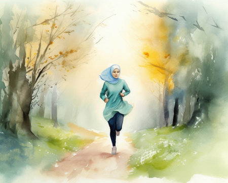 A aceful muslim woman in hijab gliding through her jog with spiritual serenity.. AI generationの素材