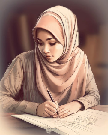 An inspired hijabclad woman sketching her journey to a better future.. AI generationの素材