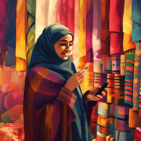 A Muslim woman in hijab looks up from her cellphone beaming with joy as she stands amidst a colorful Turkish carpet her shopping done. AI generationの素材