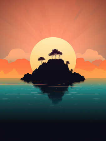 The silhouette of an island against a spectacular sunrise.. AI generationの素材