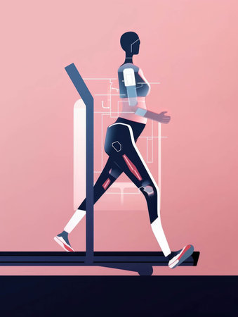 A woman with a robotic arm and leg is seen running at full speed on a treadmill pushing the boundaries of the human body.. AI generationの素材