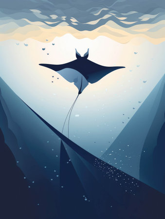 A manta ray flapping its wings across the horizon its graceful movements sending ripples into the depths.. AI generationの素材