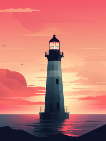 A lighthouse beacon glowing in the fading sunset.. AI generationの素材