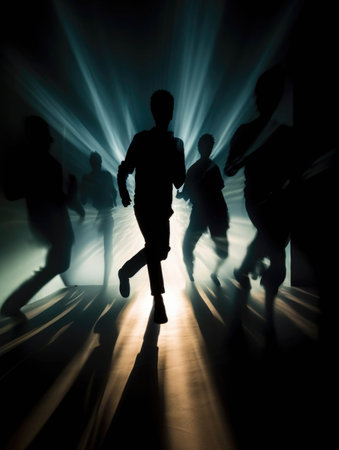A group of silhouette figures are seen fleeing a beam of blinding light their outlines blurring as they run.. AI generationの素材
