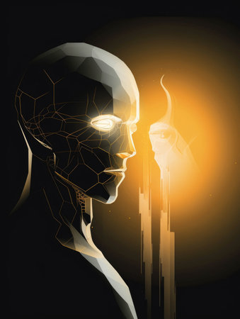 A glowing figure with a mask of metal presenting a merging of machine and man.. AI generationの素材