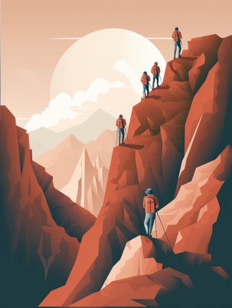 A team of hikers carefully climbing up a jagged mountain following the faint sound of a tiny voice below them.. AI generationの素材