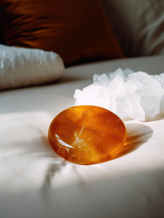 An amber quartz stone sitting atop a fluffy cushion surrounded by a circle of white quartz. AI generationの素材