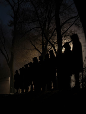 A line of dark silhouettes stand shoulder to shoulder their faces shrouded by the night.. AI generationの素材