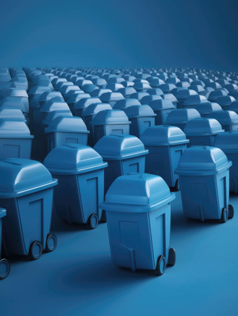 A fleet of blue bins lined up in a row like toy soldiers.. AI generationの素材
