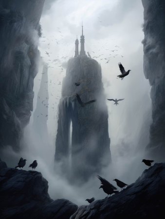 A menacing straightbladed sword with a spiked handle emerging from a fogcovered cliff face with a flock of ravens overhead. Gothic art. AI generationの素材