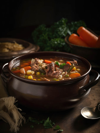 An overflowing bowl of hearty beef and veggie soup with steam radiating from its flavorful broth.. AI generationの素材