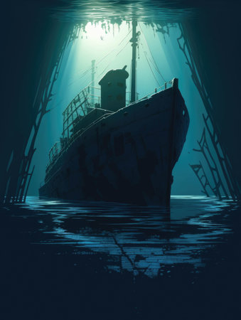 An old sunken ship looming in the shadows its once imtrable hull now giving way to the oceans currents.. AI generationの素材