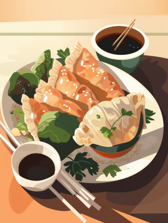 A dish of savory beef and veggie pot stickers fried and served with a light and flavorful dipping sauce.. AI generationの素材