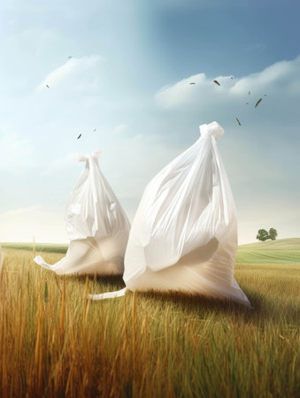 Two plastic bags torn and blown away by the wind in a field.. AI generationの素材