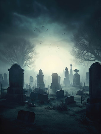 A dimly lit aveyard is shrouded in a blanket of darkness avestones jutting out from the misty ound. Gothic art. AI generationの素材
