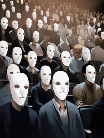 A crowd of people wearing white masks gathering in an auditorium and listening to a speaker whose face is hidden in the shadows.. AI generationの素材